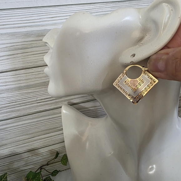 Gold Filled Cut Out Greek Key Basket Earrings - Picture 3 of 9